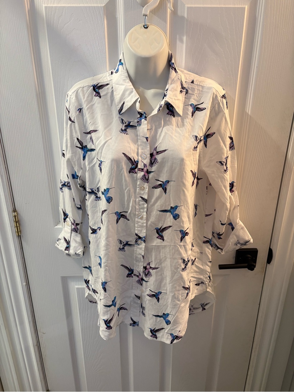 Jane and Delancey White Button-Down Shirt with Blue & Purple Hummingbird Print
